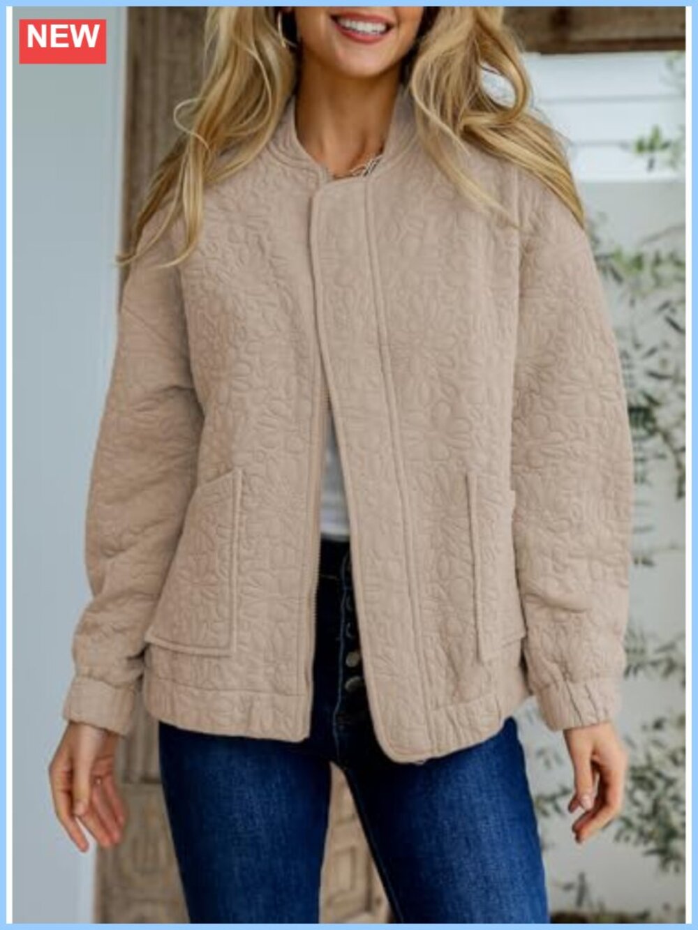 Womens Jacquard Bomber Jacket Zip Up Casual Coat Lightweight Long Sleeve - Picture 2 of 6